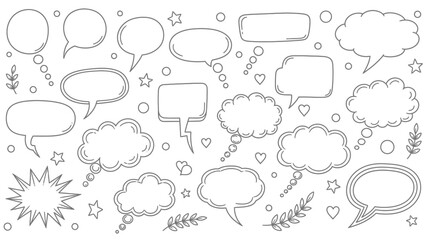 Fototapeta premium A collection of hand drawn speech bubbles thought bubbles and decorative elements in a whimsical black and white style