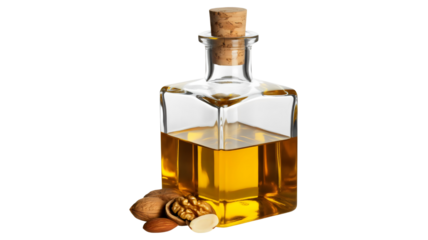 Square Glass Decanter of Golden Cooking Oil, Olive Oil, or Almond Oil with Cork Stopper and Nuts Isolated on transparent background