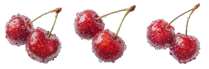 Set of Two fresh cherries submerged in sparkling water with bubbles clinging to their surface on transparent png background. Ai generated