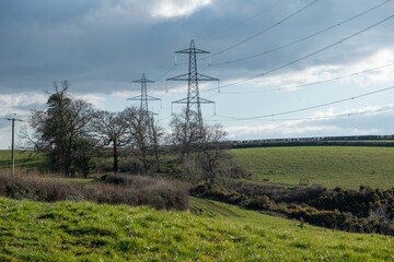 Obraz premium Realistic electricity transmission tower standing in rural countryside with green fields, balanced composition, soft daylight, natural landscape, infrastructure and energy concept, no people