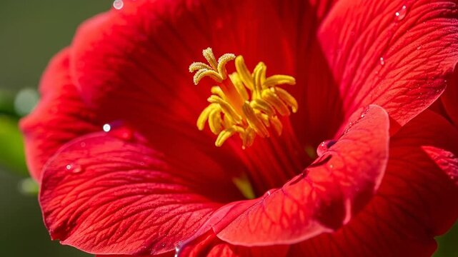 Close-up of a vibrant red hibiscus flower with yellow stamen and detailed petals.