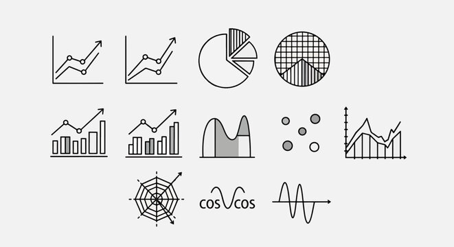 Collection of Hand-Drawn Data Visualization Icons Including Line Graphs, Bar Charts, Pie Charts, Scatter Plot, and Waveforms