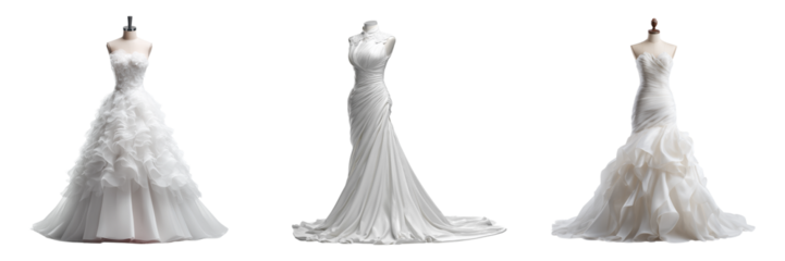 Set of Front view of a Cadogan sweetheart wedding dress with mermaid silhouette on transparent png background. Ai generated