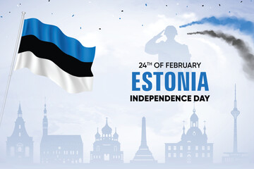 Estonia Flag Waving With Army Soldier and Air Show On Skyline Background. Independence Day Concept Design Vector Illustration.