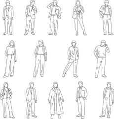 Collection of Diverse People Poses Standing and Walking in Fashionable Business Attire Line Art Vector Illustration