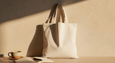 Blank beige canvas tote bag mockup standing on wooden table with coffee cup and open notebook in warm sunlight shadow for branding design.
