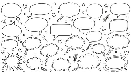 A playful collection of hand drawn speech bubbles thought bubbles star shapes and hearts on a white background