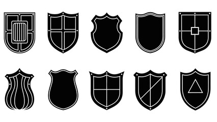 A collection of various black and white heraldic shields with different designs and shapes displayed neatly