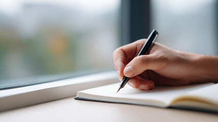 Obraz premium Close-up of a person writing in a notebook with a pen near a window with natural light and blurred background
