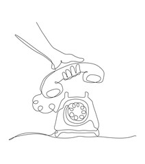 Continuous one line illustration of a hand holding a vintage rotary telephone, symbolizing communication, nostalgia, connection, and classic technology on a clean white background. Editable stroke