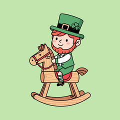 Leprechaun Riding a Wooden Rocking Horse for St. Patricks Day.