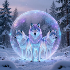 Glowing winter wolves standing inside a floating luminous protective sphere for World Wildlife Day