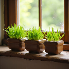 Wheat sprouts in rectangular ceramic pots creating a spring mood