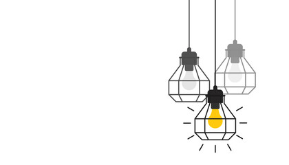 Hanging light bulb illustration with minimal line style, one bulb glowing while others remain dim, representing idea inspiration creativity innovation and problem solving concept on clean background. © LWN Studio