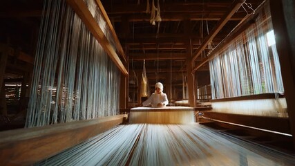 A Master Weaver Skillfully Operates a Traditional Loom, Crafting Intricate Threads with Precision and Care in a Rustic Workshop Bathed in Soft Natural Light