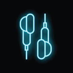 Bright blue neon icon of in ear headphones glowing on a black background