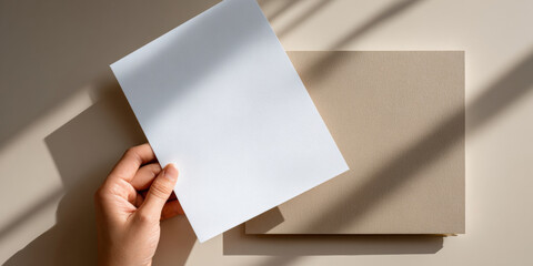 Hand holding blank white paper sheet over beige textured notebook with soft natural light and shadows