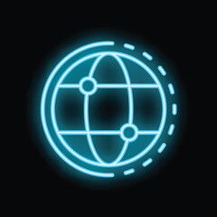 Neon blue earth globe spinning around with orbit on black background