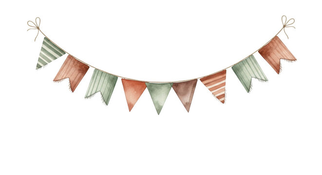 delicate watercolor illustration of a festive garland with triangular pennants in muted pastel colors (brown, sage, terracotta) on jute twine, isolated on white background. concept for baby shower - Powered by Adobe