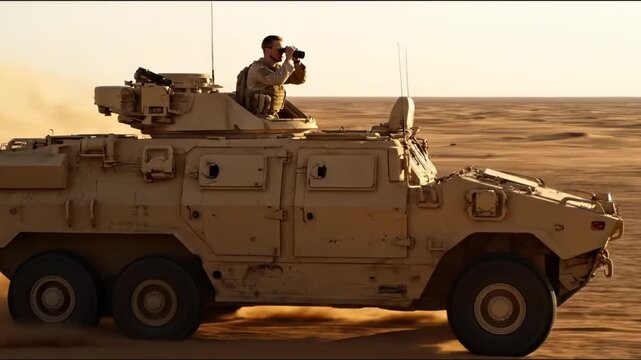Soldier uses binoculars on armored vehicle in desert. Military scout observes from vehicle moving through sand. Soldier with binoculars patrols desert terrain. Armored military vehicle patrol.