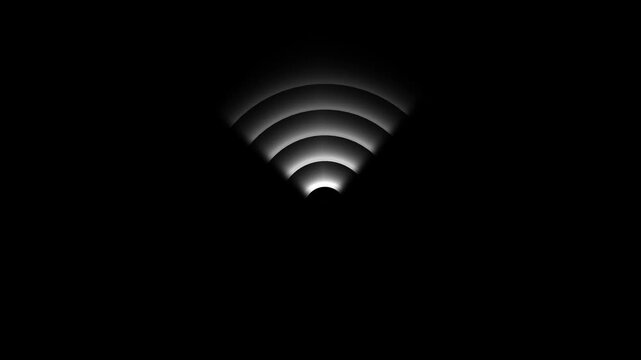 Glowing animated White Wi- Fi Signal Symbol on Black Background wifi wireless. Glowing animated white Wi-Fi icon featuring smooth pulsing signal, internet link, and wireless connectivity design.