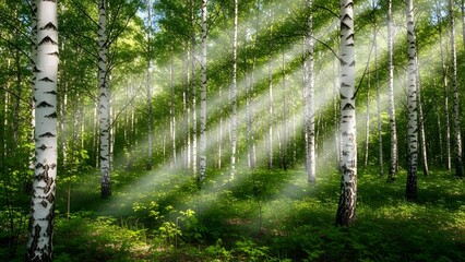Sunlight filtering through a serene birch forest with lush greenery and sunbeams casting a peaceful atmosphere in a natural setting