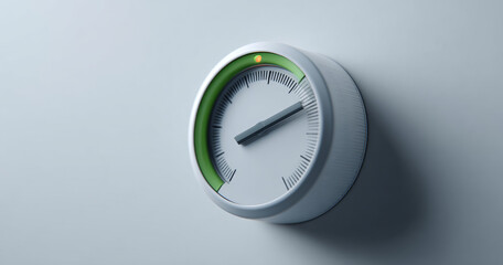 Close-up of a modern white thermostat with green indicator on a light gray wall showing temperature control and adjustment