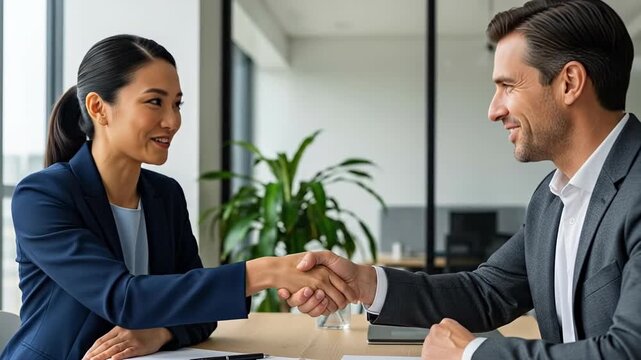 Two professionals shake hands across a desk in a modern office during a business meeting, signaling agreement and collaboration.