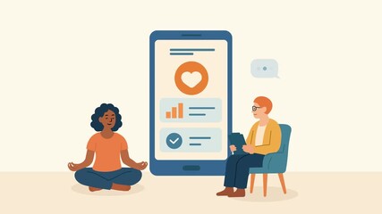 Woman meditating while an expert mentor man uses a mobile wellbeing app to monitor her therapy progress and mindfulness level. Online mental health services, Flat design animation 