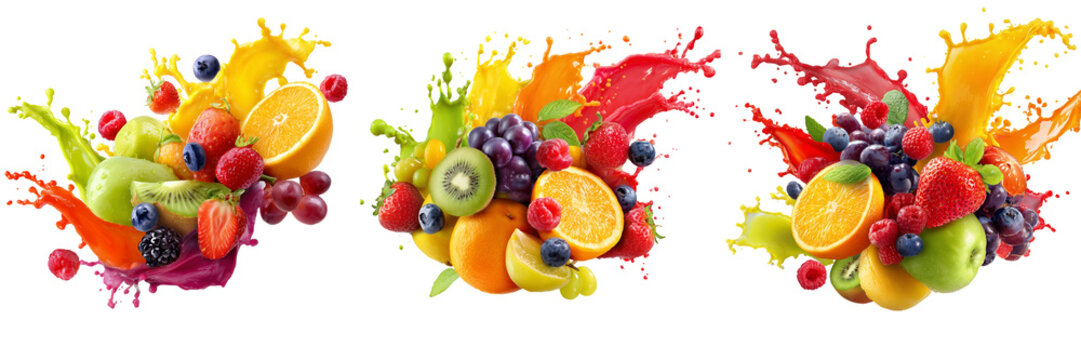Set of A vibrant splash of fresh orange juice with assorted colorful fruits exploding upward on transparent png background. Ai generated