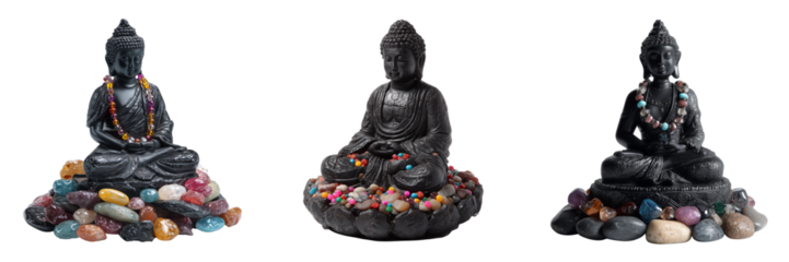 Set of A minimalist black Buddha statue centered on transparent png background. Ai generated