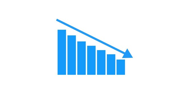 Blue Bar Chart Graph with Downward Arrow Indicating Decline on animation White Background trend. Modern animation of a blue bar chart with a descending arrow marking decline, capturing reduction
