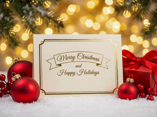 High-resolution Christmas banner with refined frame, festive ornaments, ribboned gift, falling snow, glowing bokeh background, warm holiday lighting, shallow depth, crisp details, 