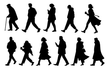 Set of black silhouettes people walking side view, showing movement, diversity, and urban lifestyle. Minimalist flat illustration isolated on transparent background