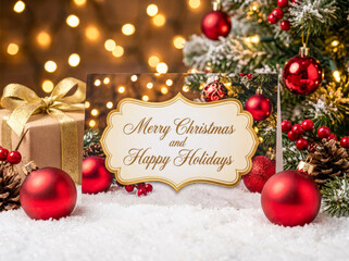 Elegant winter holiday greeting card design featuring festive red decorations, wrapped gift box, glossy ornaments, soft snow, warm highlights, bokeh lights, clean composition, commercial photography.
