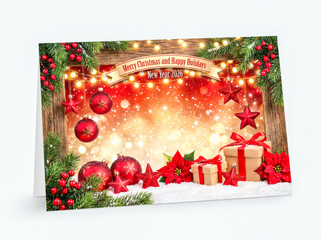 Merry Christmas and Happy Holidays greeting card, elegant frame and banner layout, red Christmas decorations, gift box with ribbon, glossy ornaments, snow, glowing bokeh, polished.