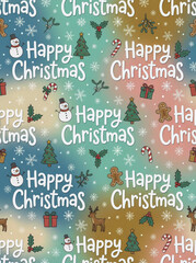 Cute Christmas seamless pattern with repeated &ldquo;Happy Christmas&rdquo; message, playful lettering, white snowflakes, flat illustration style, soft winter colors, joyful festive atmosphere.