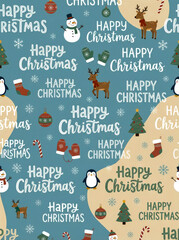 Modern seamless holiday pattern featuring &ldquo;Happy Christmas&rdquo; text, festive decorative elements, snowflake accents, clean flat illustration, high-resolution finish, cozy seasonal aesthetic.