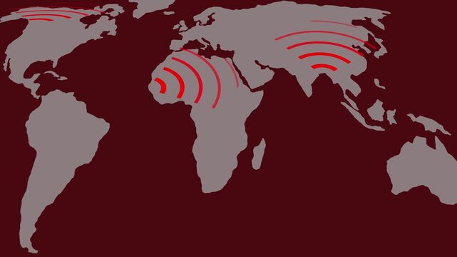 World Map with Gray Continents and Red Signal Waves on a Dark Red animation Background global communication.World map animation of gray landmasses and glowing red signal rings on a dark red field