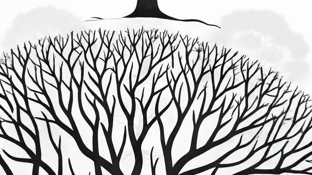 Silhouetted tree branches form a circular canopy against a moody cloudy sky in a monochrome landscape.