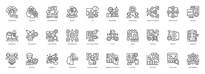 Business Intelligence icon collection line style. containing Optimization, Discovery, Communication, Insight, Api, Benchmark