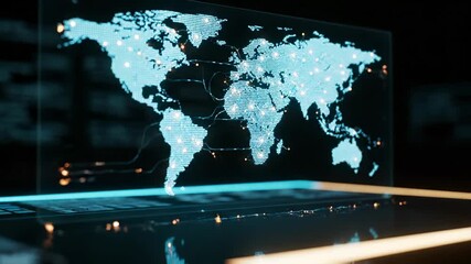 Digital world map shows global network connections with hologram display. Technology interface displays world map with data. Global network on digital map. Hologram world map shows connections. - Powered by Adobe