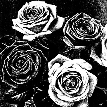 Seamless vector illustration of a vintage floral pattern featuring a black and white rose on a black background with elegant leaf ornaments and spring blossom design elements for nature-inspired art