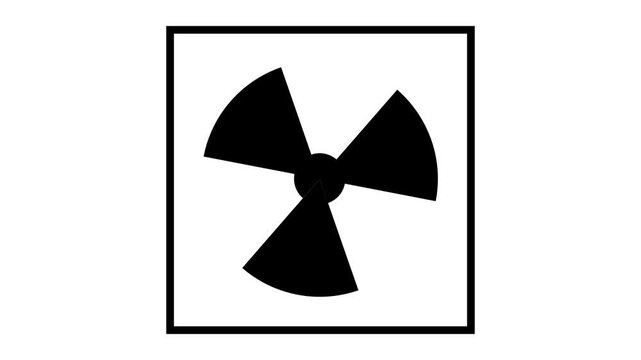 Animation Black radioactive hazard symbol with three blades inside a square frame on a white background. Futuristic animated black three-blade radioactive hazard symbol in square frame polished modern