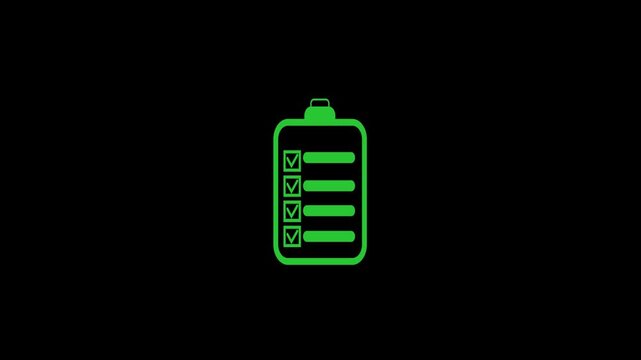 Green checklist icon with four empty checkboxes and lines on a animation black background to-do list. Animated green checklist showing four blank boxes and lines, perfect for to-do lists