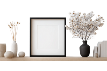 Minimalist square frame on wooden shelf isolated on transparent background
