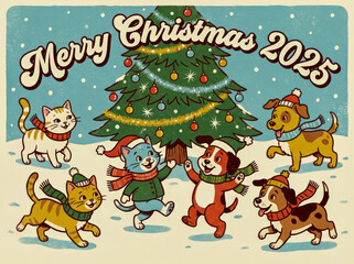 Watercolor Christmas illustration of happy cats and dogs playing in snow before a decorated tree, falling snowflakes, vintage festive colors, playful poses, cheerful family-friendly holiday mood.