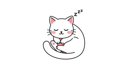 Naklejka premium Adorable cartoon kitten peacefully sleeping while curled up in a serene pose, a sweet and simple white feline illustration capturing tranquility and rest