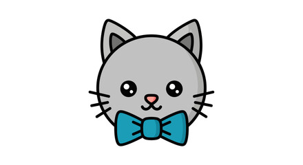 Obraz premium Adorably playful gray cartoon cat head illustration with a charming teal bow tie, perfect for pet-themed designs, children's content, and whimsical animal concepts