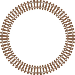 Brown circular railway track frame isolated on white background. Repeating train rail pattern forms a clean round border shape. Decorative transport themed ring for maps, games and graphic design. © IT park